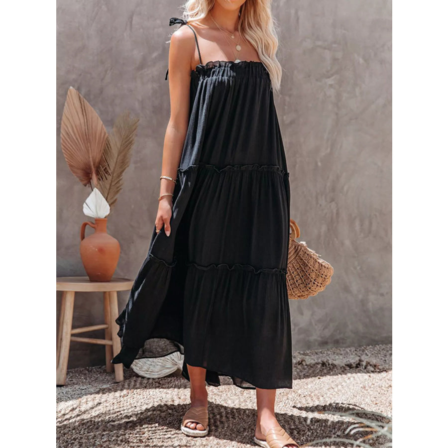 Tiered Spaghetti Strap Maxi Dress Black / S Apparel and Accessories