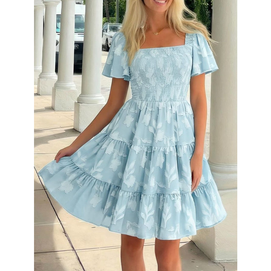 Tiered Square Neck Short Sleeve Dress Apparel and Accessories