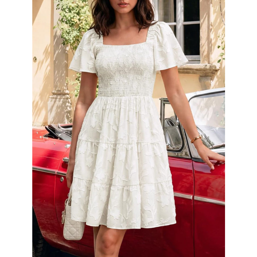 Tiered Square Neck Short Sleeve Dress Apparel and Accessories