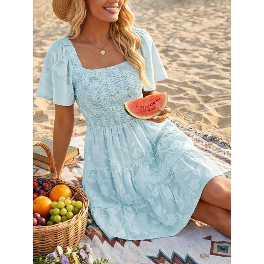 Tiered Square Neck Short Sleeve Dress Apparel and Accessories