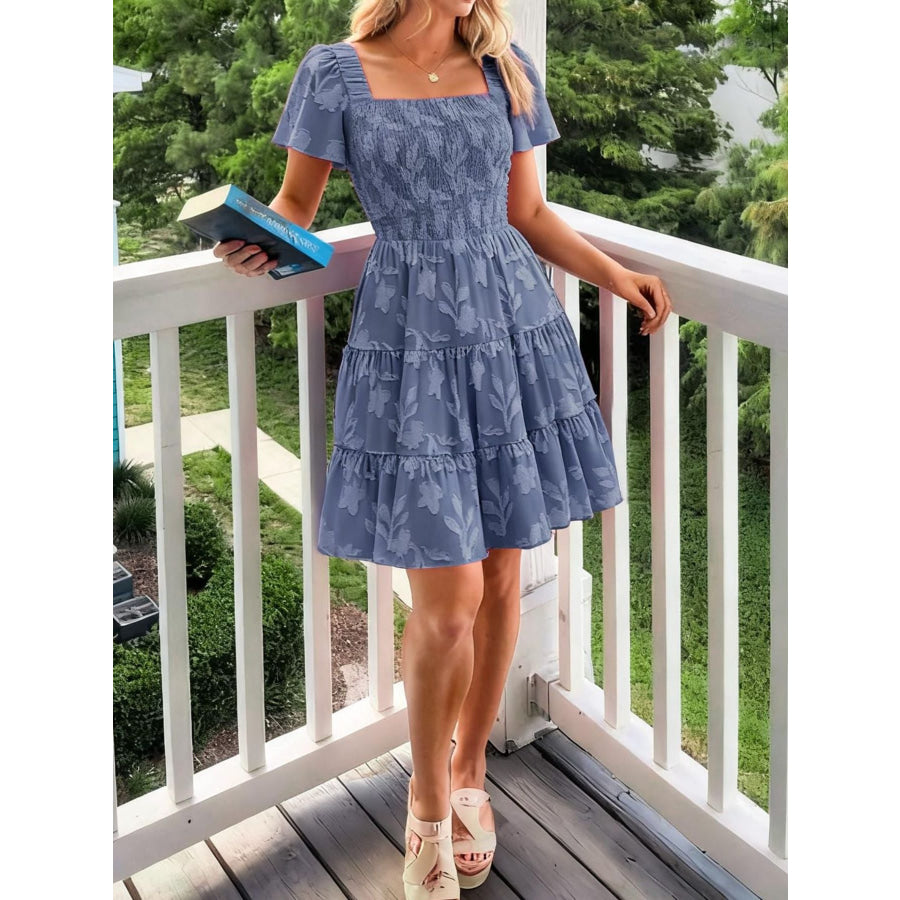 Tiered Square Neck Short Sleeve Dress Apparel and Accessories