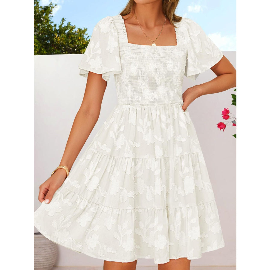 Tiered Square Neck Short Sleeve Dress Apparel and Accessories