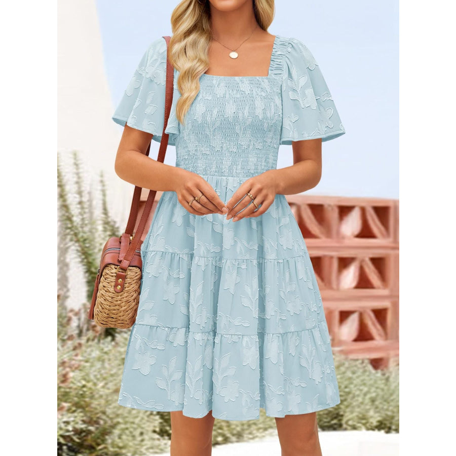Tiered Square Neck Short Sleeve Dress Apparel and Accessories