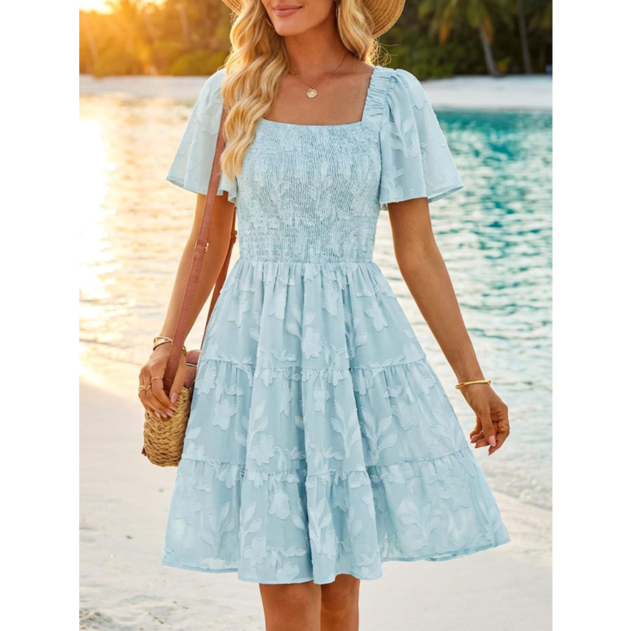 Tiered Square Neck Short Sleeve Dress Sky Blue / S Apparel and Accessories