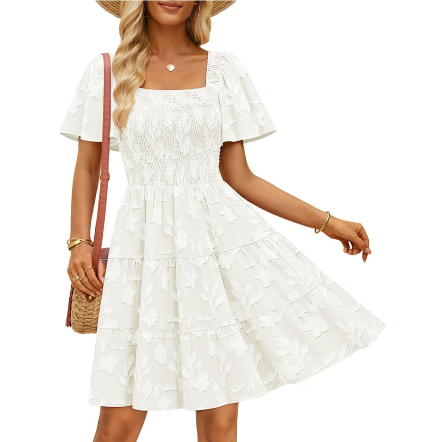 Tiered Square Neck Short Sleeve Dress White / S Apparel and Accessories