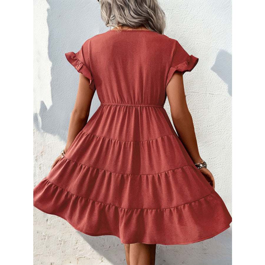 Tiered Surplice Flounce Sleeve Mini Dress Apparel and Accessories