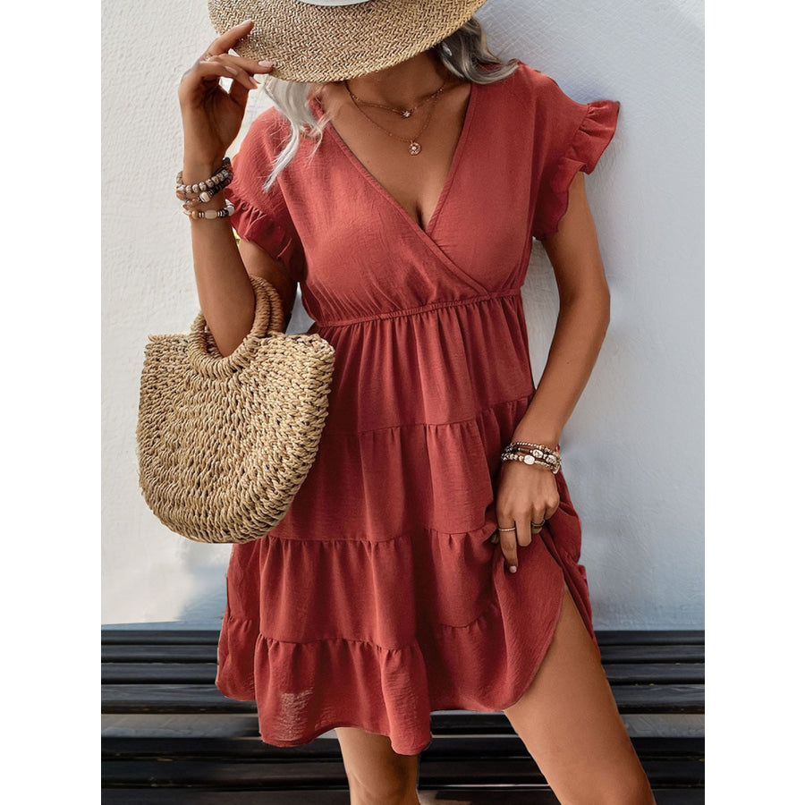 Tiered Surplice Flounce Sleeve Mini Dress Apparel and Accessories