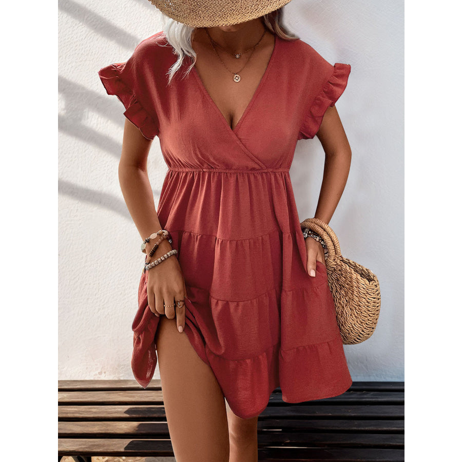 Tiered Surplice Flounce Sleeve Mini Dress Apparel and Accessories