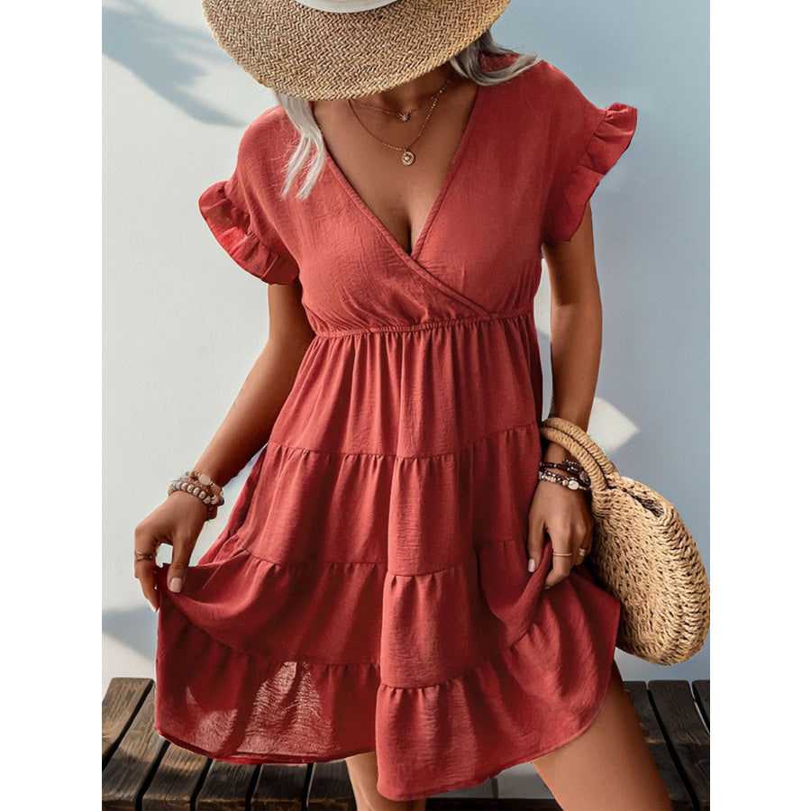 Tiered Surplice Flounce Sleeve Mini Dress Apparel and Accessories