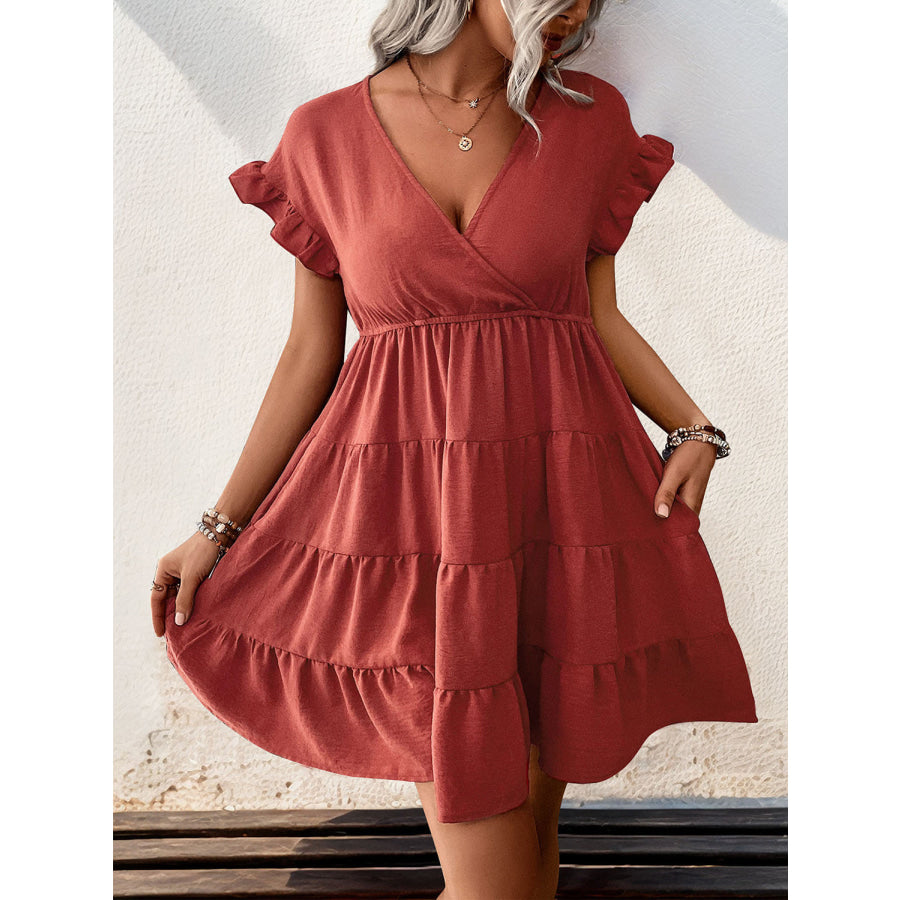 Tiered Surplice Flounce Sleeve Mini Dress Rust / S Apparel and Accessories