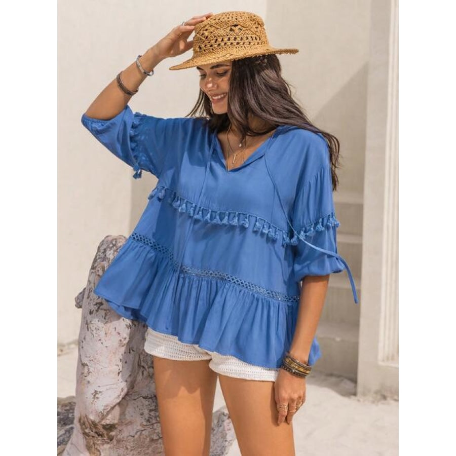 Tiered Tie Neck Half Sleeve Blouse Clothing