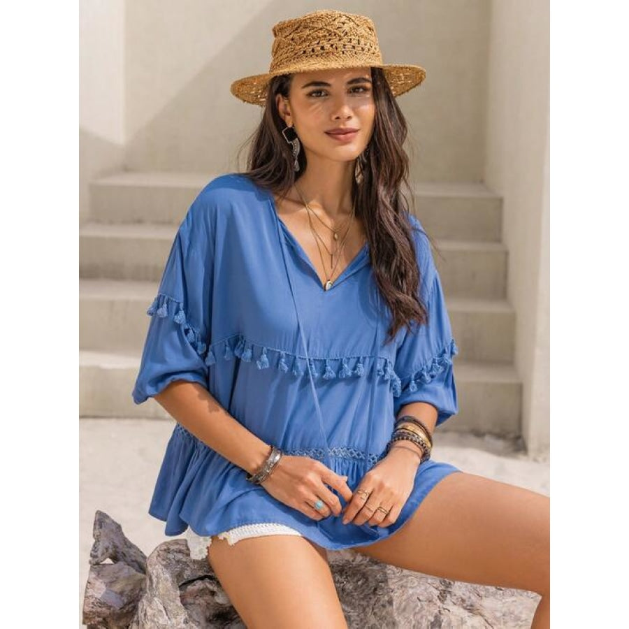 Tiered Tie Neck Half Sleeve Blouse Cobalt Blue / S Clothing