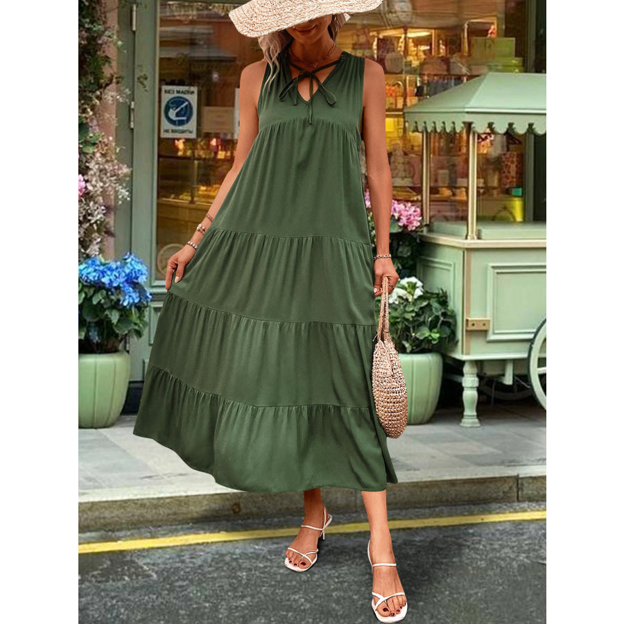 Tiered Tie Neck Midi Dress Apparel and Accessories