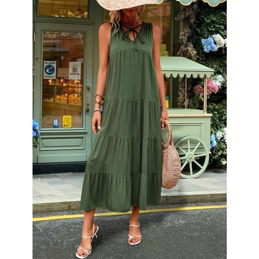 Tiered Tie Neck Midi Dress Apparel and Accessories