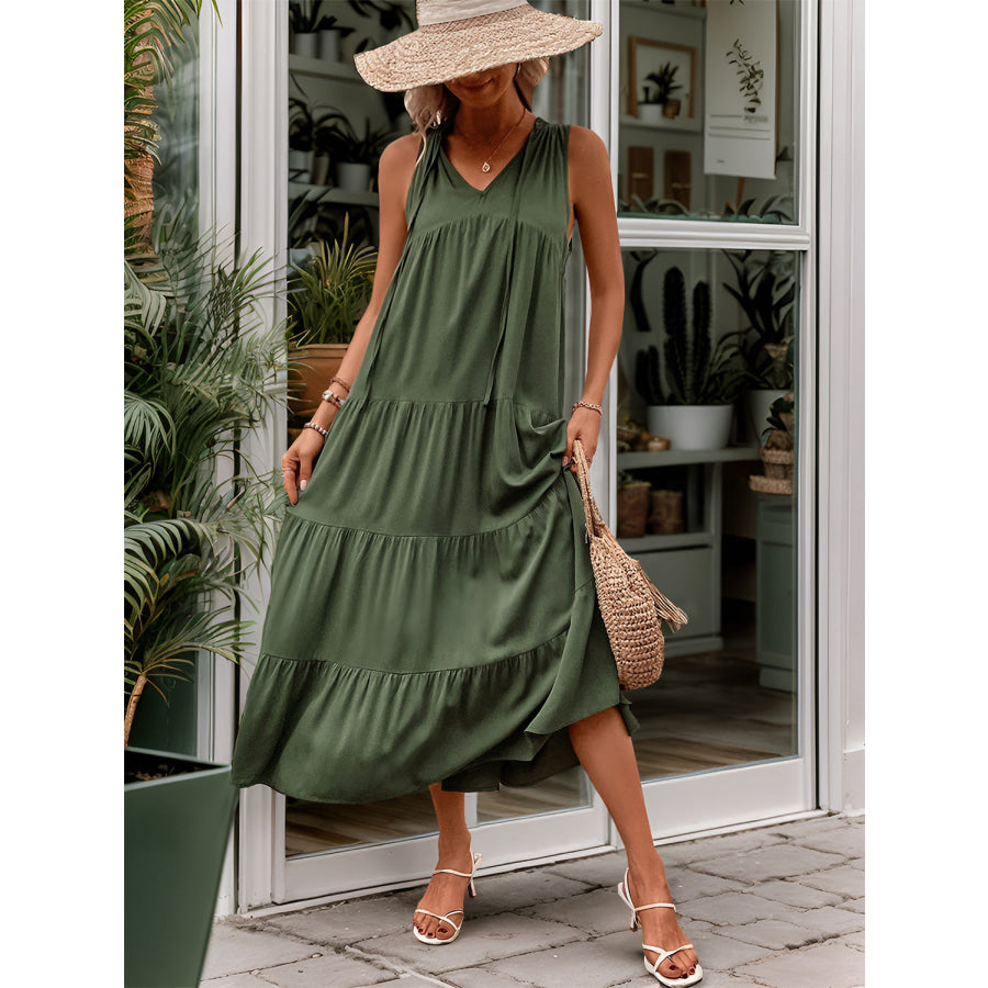 Tiered Tie Neck Midi Dress Dark Green / S Apparel and Accessories