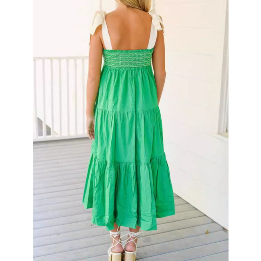 Tiered Tie Shoulder Midi Cami Dress Green / S Apparel and Accessories