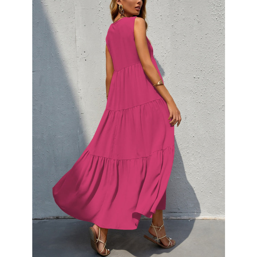 Tiered V - Neck Sleeve Dress Deep Rose / S Apparel and Accessories