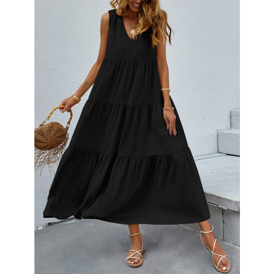 Tiered V - Neck Sleeve Dress Black / S Apparel and Accessories