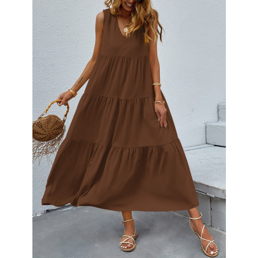 Tiered V - Neck Sleeve Dress Coffee Brown / S Apparel and Accessories