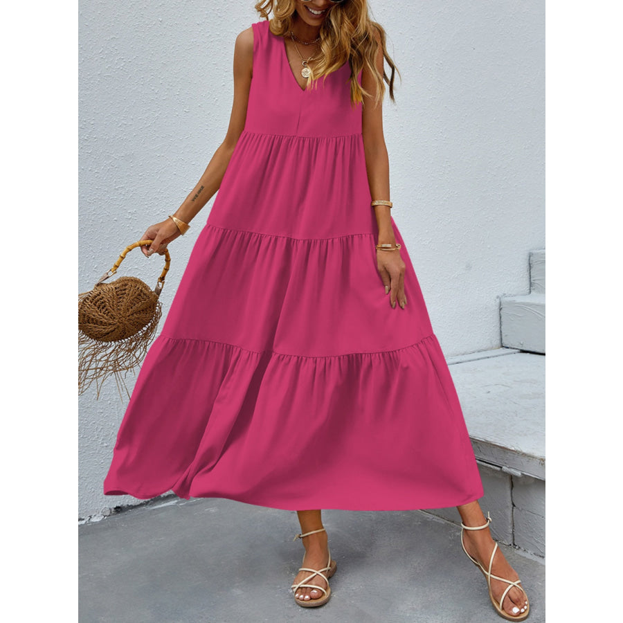 Tiered V - Neck Sleeve Dress Deep Rose / S Apparel and Accessories