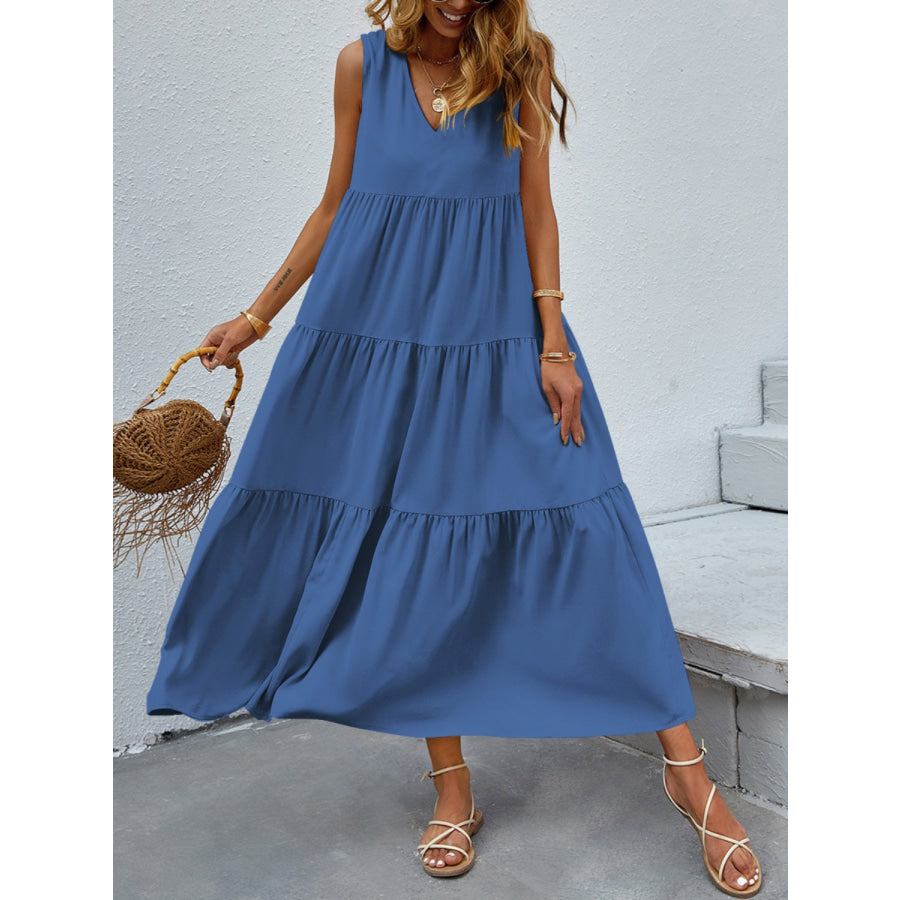 Tiered V - Neck Sleeve Dress Dusty Blue / S Apparel and Accessories