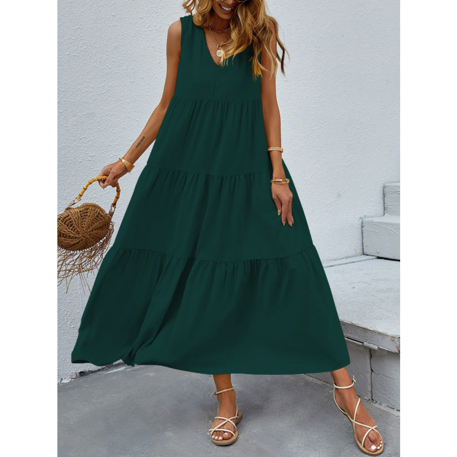 Tiered V - Neck Sleeve Dress Green / S Apparel and Accessories