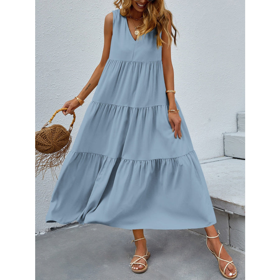 Tiered V - Neck Sleeve Dress Misty Blue / S Apparel and Accessories