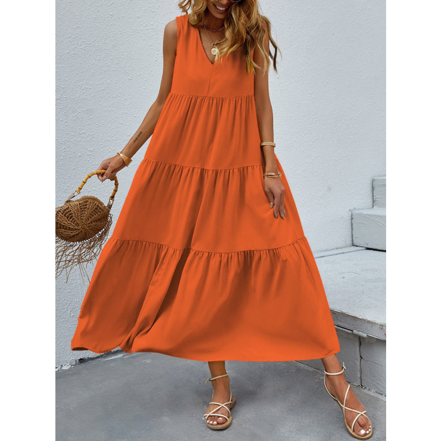 Tiered V - Neck Sleeve Dress Orange / S Apparel and Accessories