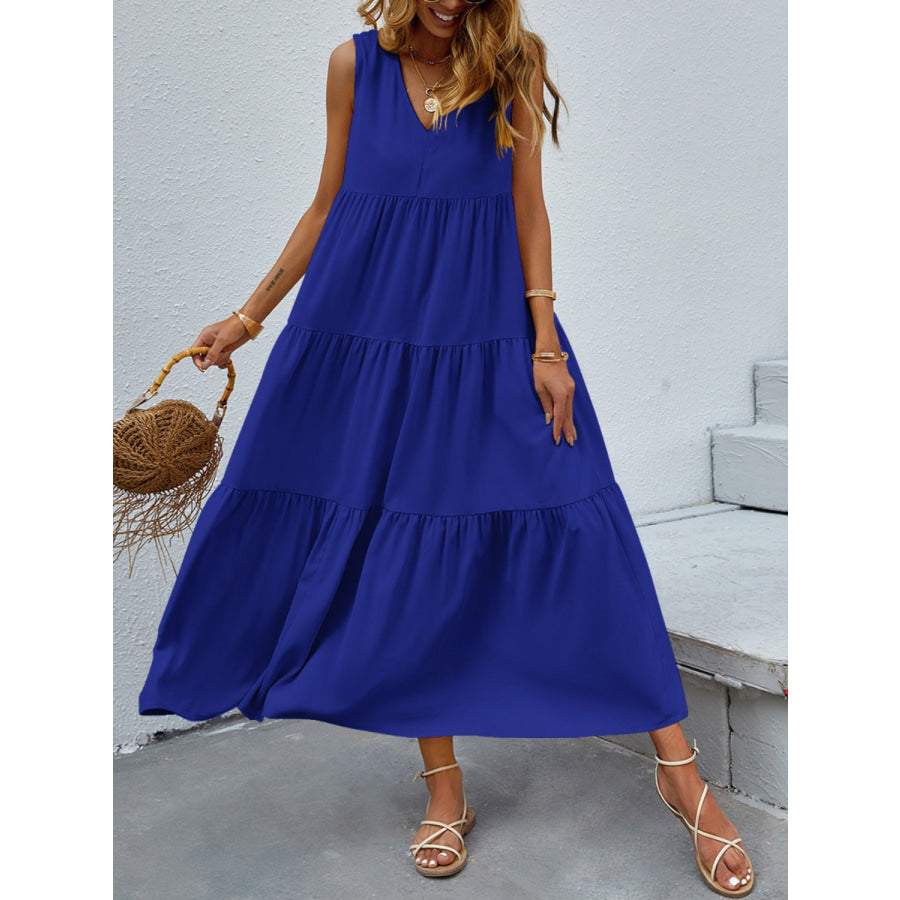 Tiered V - Neck Sleeve Dress Royal Blue / S Apparel and Accessories