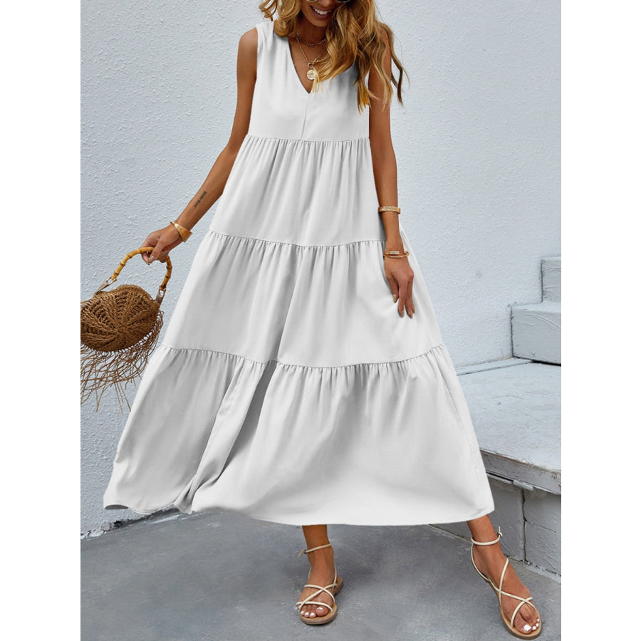 Tiered V - Neck Sleeve Dress White / S Apparel and Accessories