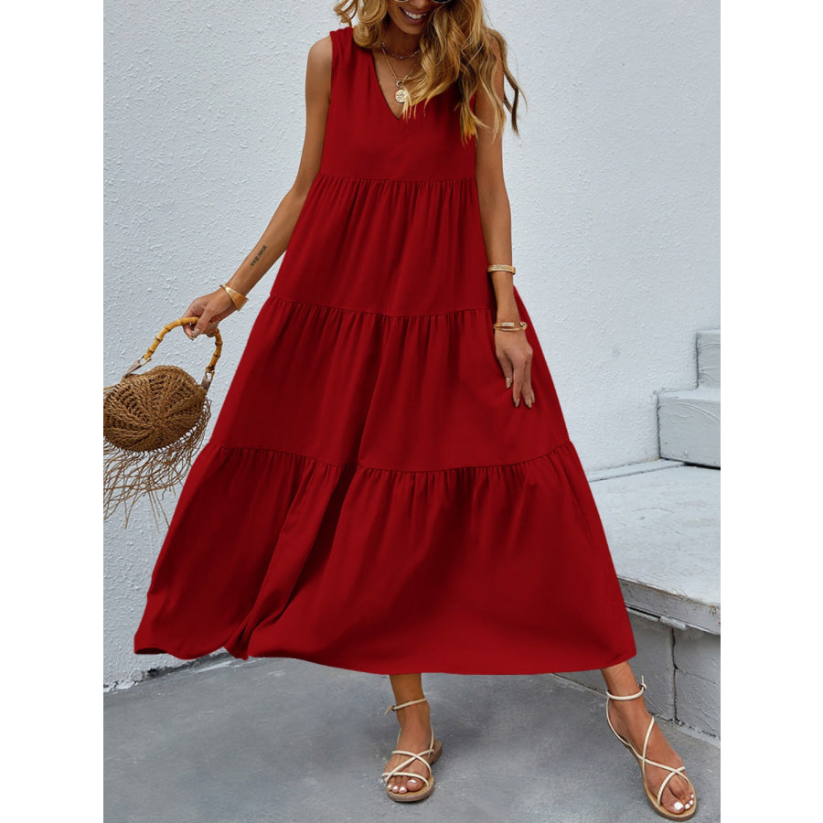 Tiered V - Neck Sleeve Dress Wine / S Apparel and Accessories