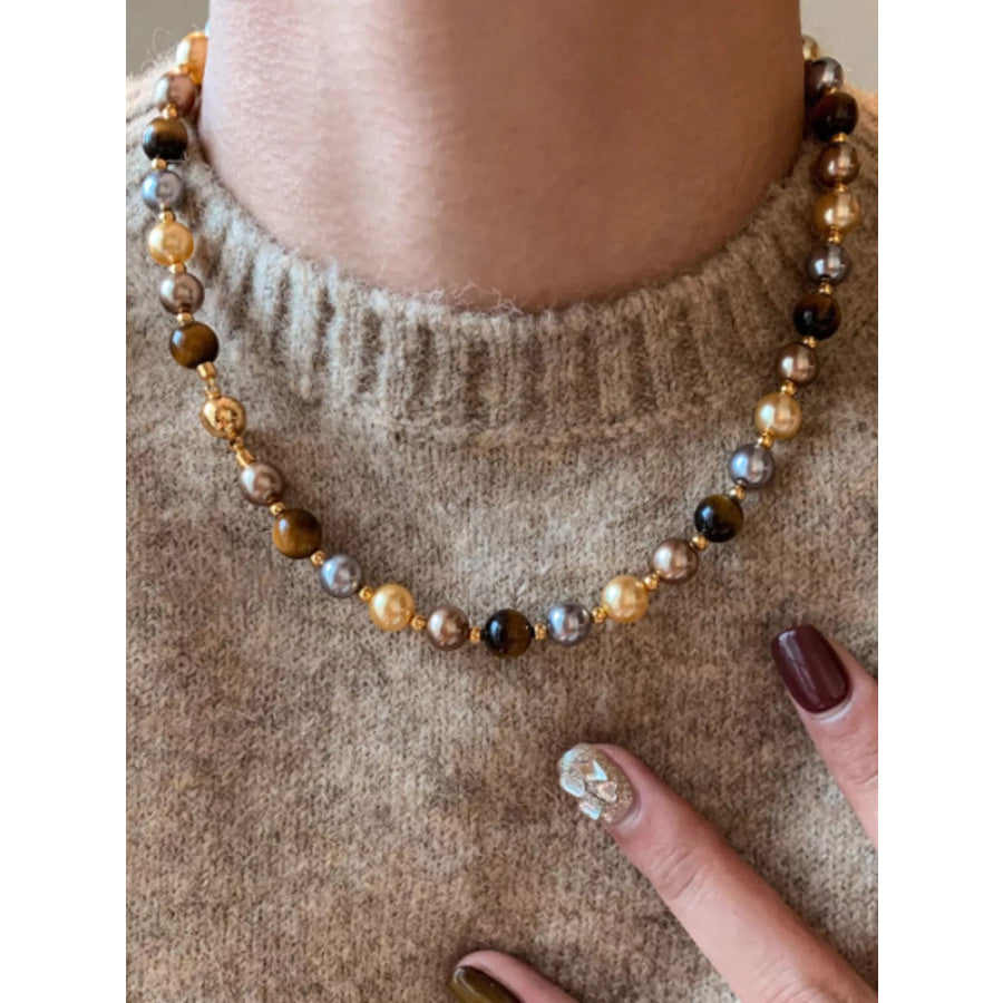 Tiger Eye & Pearl Beaded Necklace Camel / One Size Apparel and Accessories