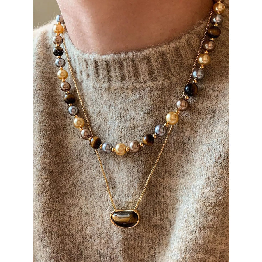 Tiger Eye & Pearl Beaded Necklace Camel / One Size Apparel and Accessories