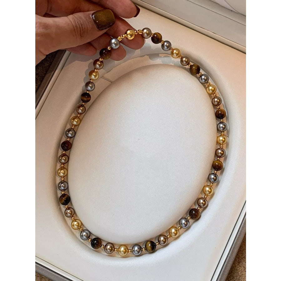 Tiger Eye & Pearl Beaded Necklace Camel / One Size Apparel and Accessories