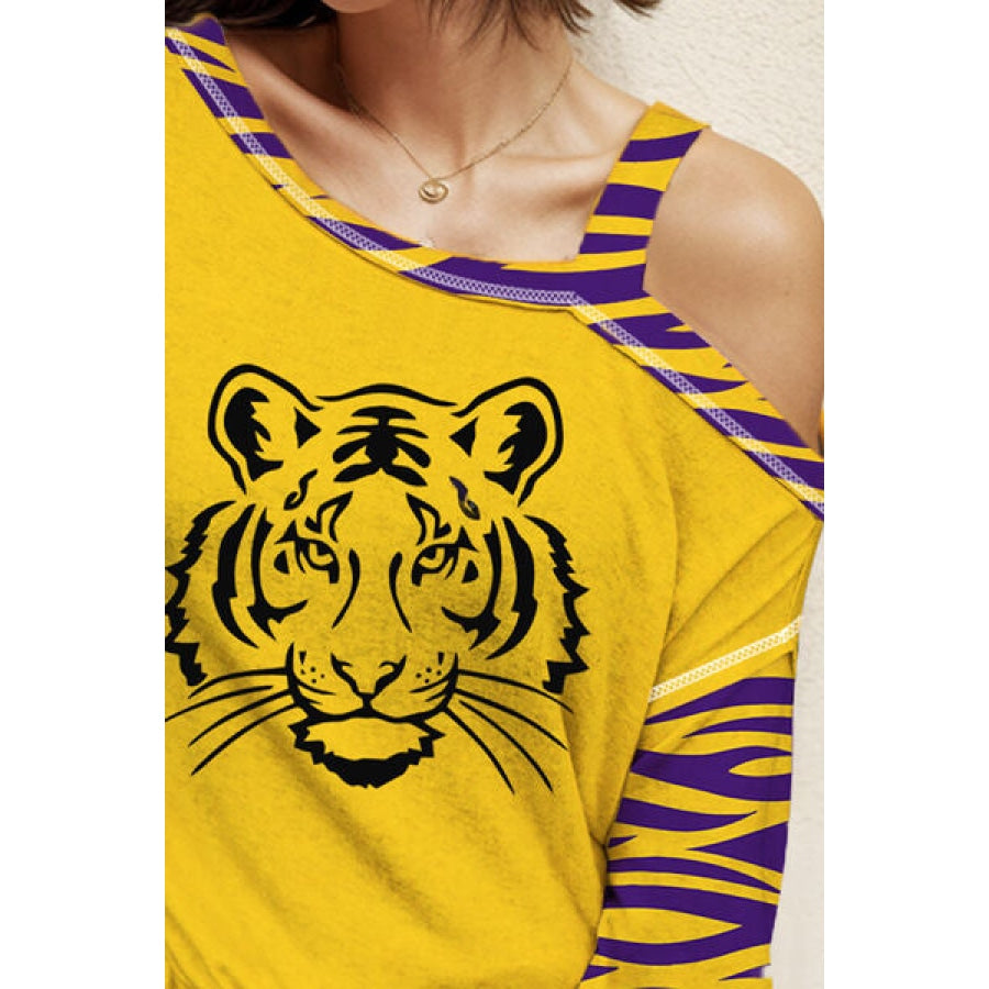 Tiger Graphic Asymmetrical Neck Long Sleeve T-Shirt Apparel and Accessories