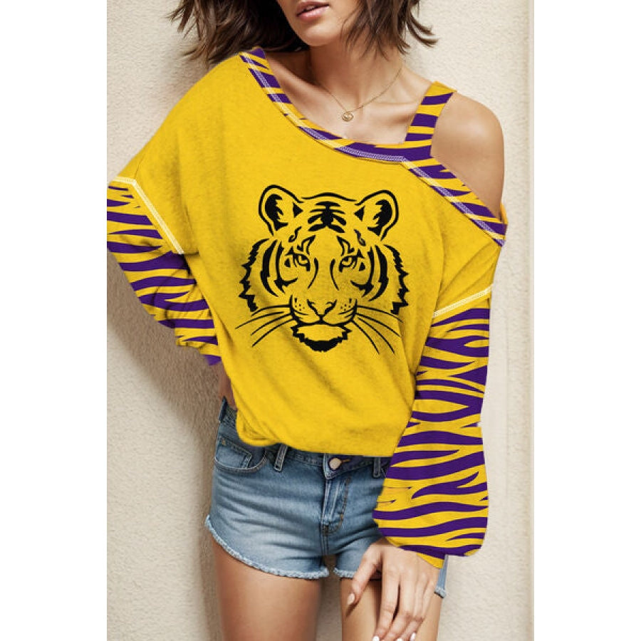 Tiger Graphic Asymmetrical Neck Long Sleeve T-Shirt True Yellow / S Apparel and Accessories