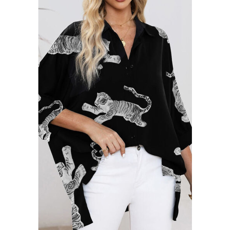 Tiger Pattern Button Up Long Sleeve Shirt Black / S Clothing