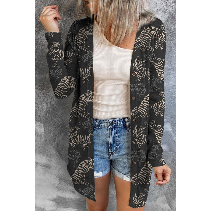 Tiger Print Button Up Long Sleeve Cardigan Black / S Clothing