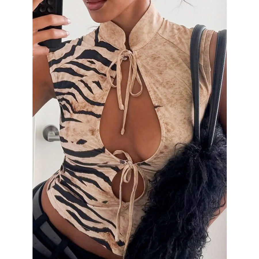 Tiger Print Cut-Out Front Tank Apricot / XS Apparel and Accessories