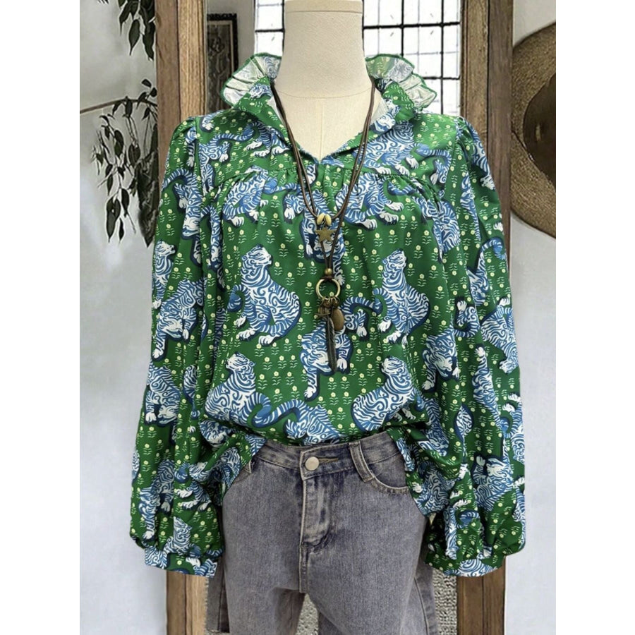 Tiger Print Long Sleeve Blouse Green / S Apparel and Accessories