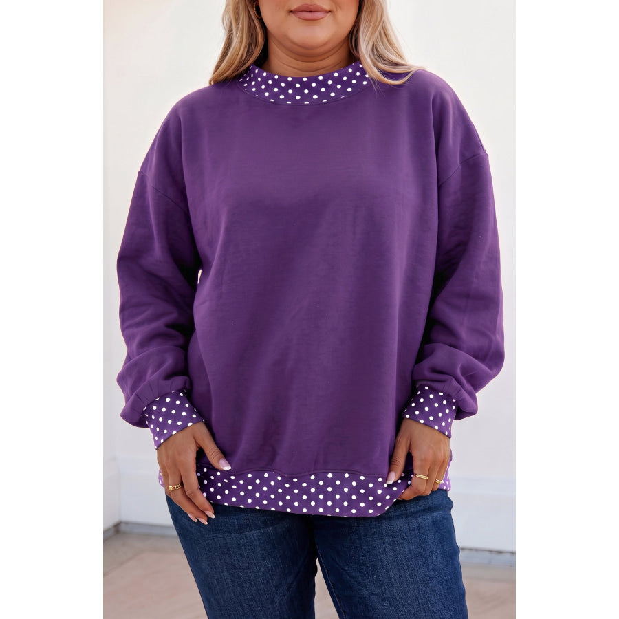Tillandsia Purple Polka Dot Patchwork Round Neck Plus Size Sweatshirt / 1X / 50% Polyester + 50% Cotton Size/Plus Sweatshirts & Hoodies