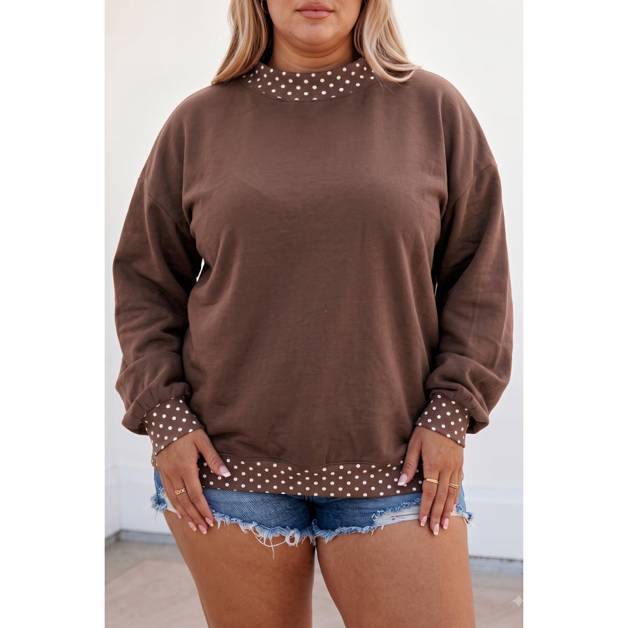 Tillandsia Purple Polka Dot Patchwork Round Neck Plus Size Sweatshirt Brown / 1X / 50% Polyester + 50% Cotton Size/Plus Sweatshirts &