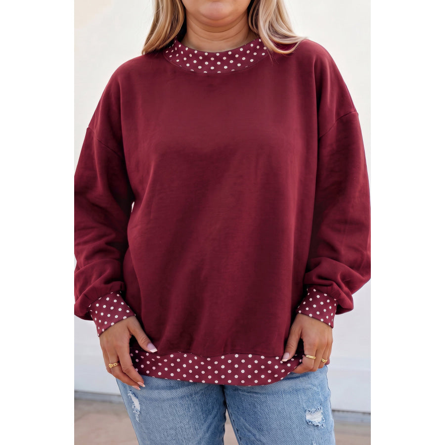 Tillandsia Purple Polka Dot Patchwork Round Neck Plus Size Sweatshirt Burgundy / 1X / 50% Polyester + 50% Cotton Size/Plus Sweatshirts &