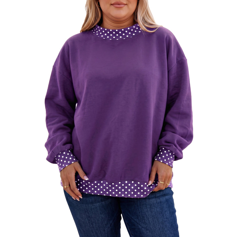 Tillandsia Purple Polka Dot Patchwork Round Neck Plus Size Sweatshirt / 1X / 50% Polyester + 50% Cotton Size/Plus Sweatshirts & Hoodies