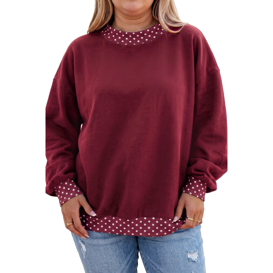 Tillandsia Purple Polka Dot Patchwork Round Neck Plus Size Sweatshirt Size/Plus Sweatshirts & Hoodies