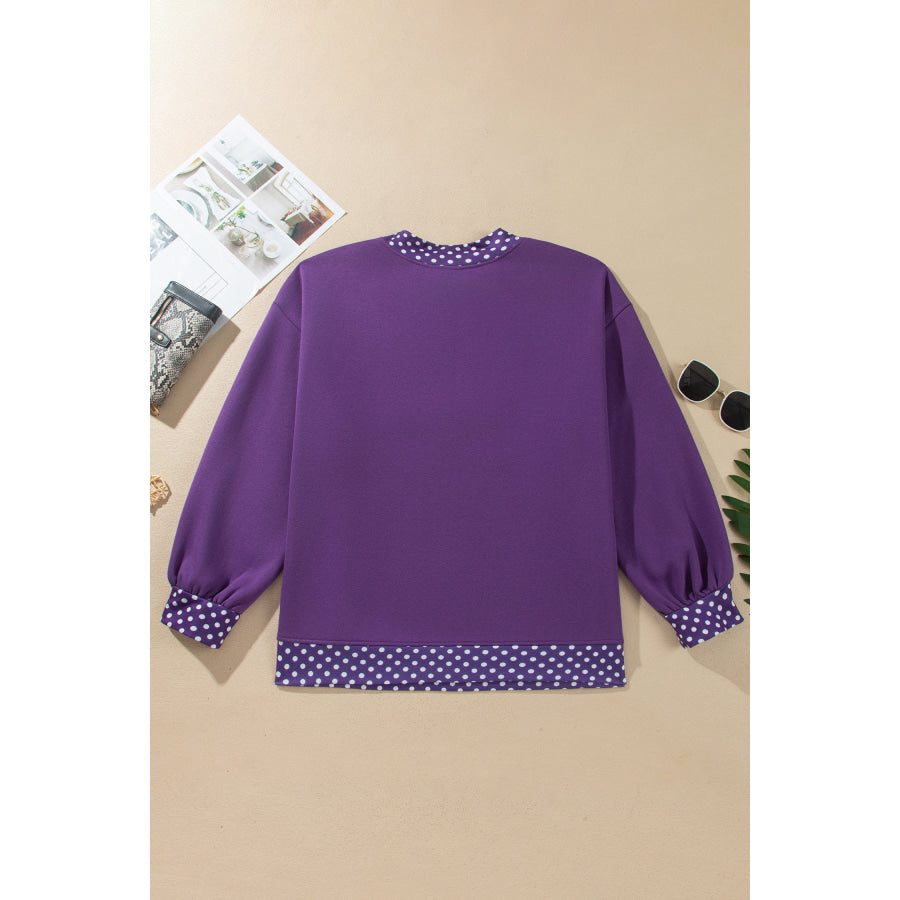 Tillandsia Purple Polka Dot Patchwork Round Neck Plus Size Sweatshirt Size/Plus Sweatshirts & Hoodies