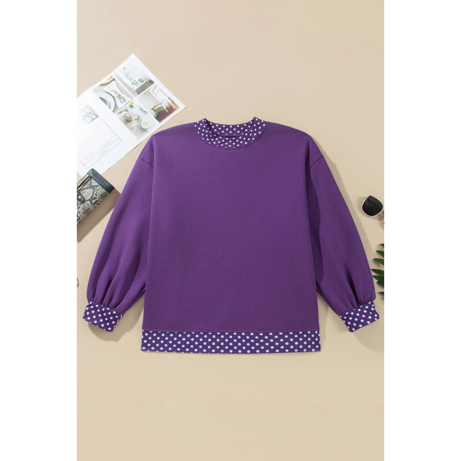 Tillandsia Purple Polka Dot Patchwork Round Neck Plus Size Sweatshirt Size/Plus Sweatshirts & Hoodies