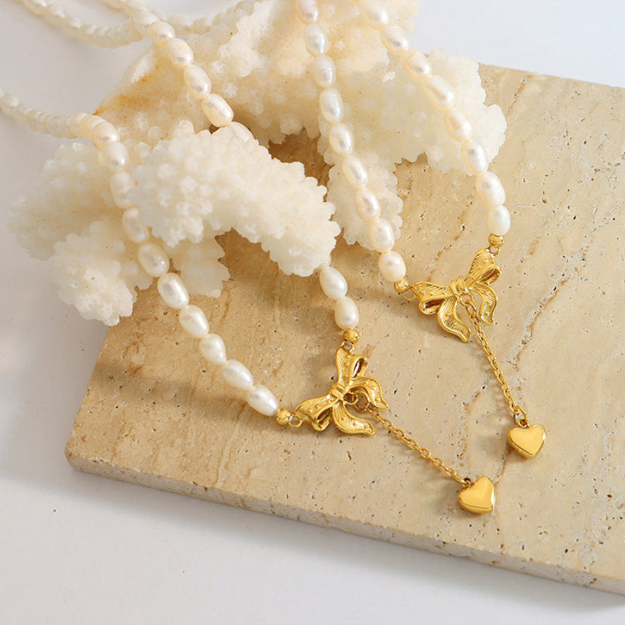 Titanium Steel Freshwater Pearl Heart Necklace Gold / One Size Apparel and Accessories