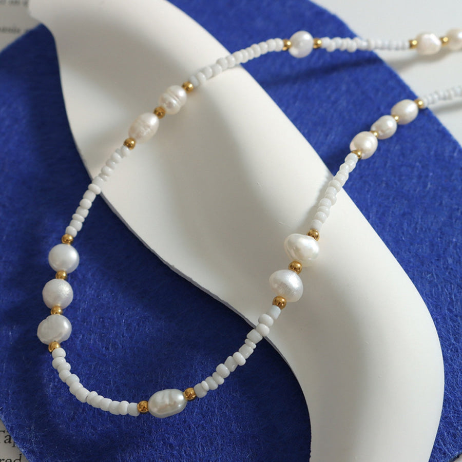 Titanium Steel Glass Bead Pearl Necklace White / One Size Apparel and Accessories