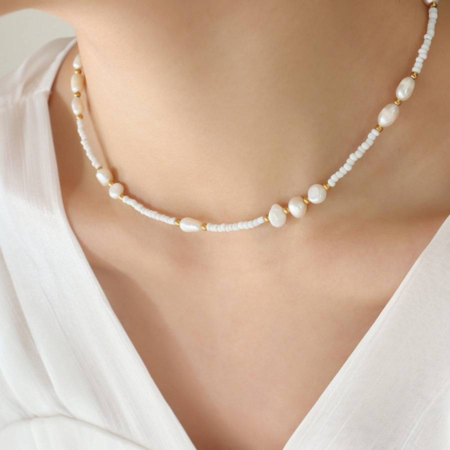 Titanium Steel Glass Bead Pearl Necklace White / One Size Apparel and Accessories